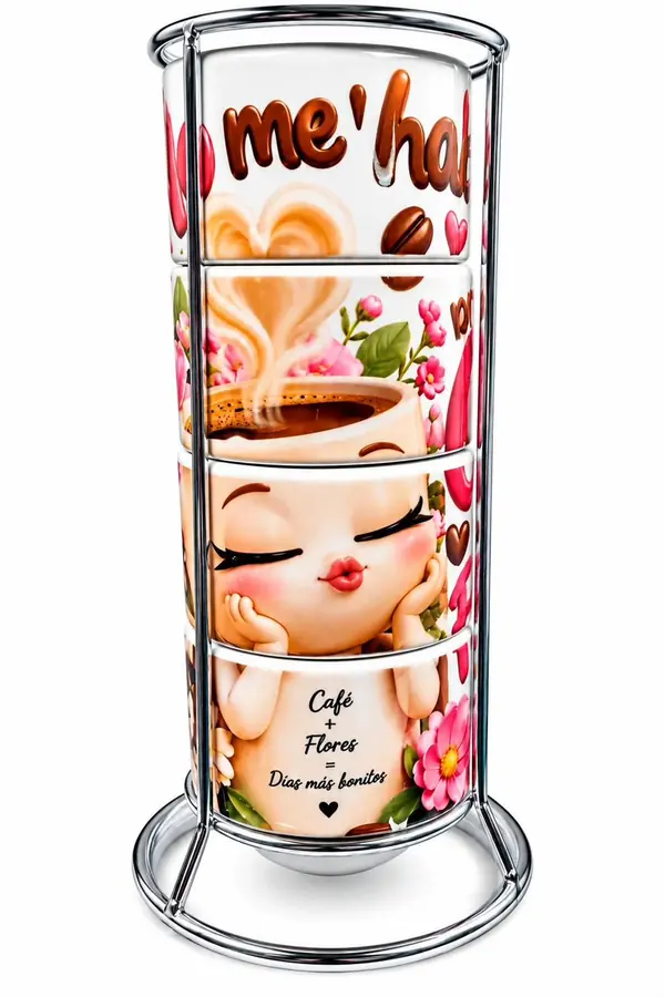 Set de tazas apilables con un diseño de café y flores