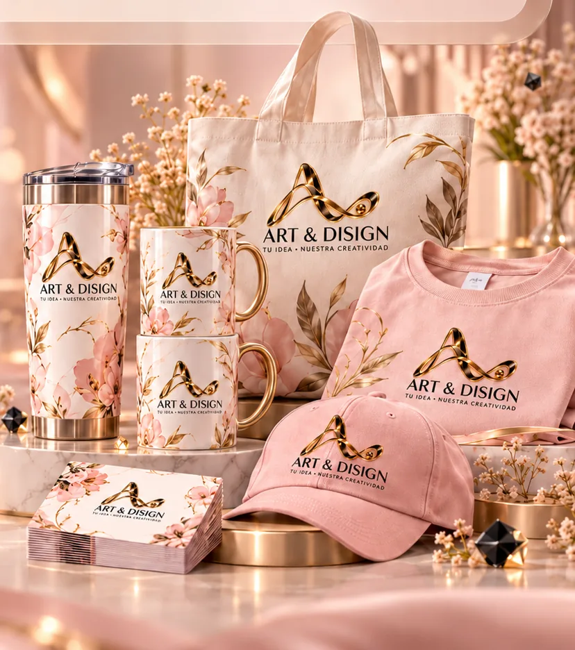 Termo, tazas, bolso, camiseta, gorra y tarjetas personalizados con la marca Art & DISIGN
